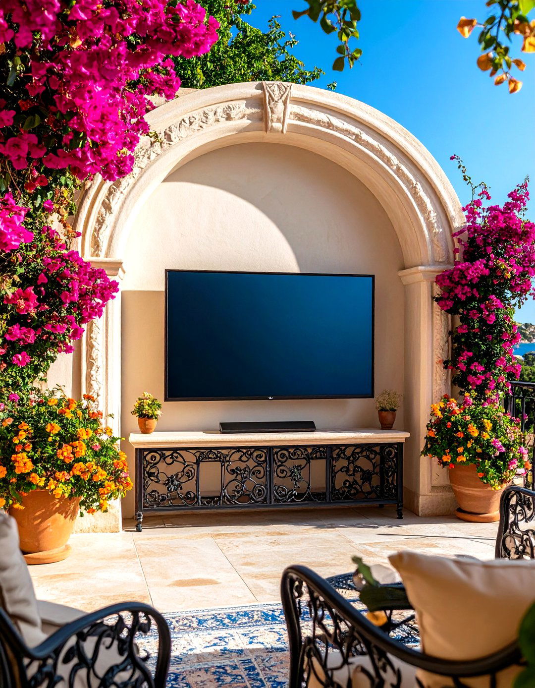 The Mediterranean Stucco Arch Niche - 30 diy outdoor tv ideas