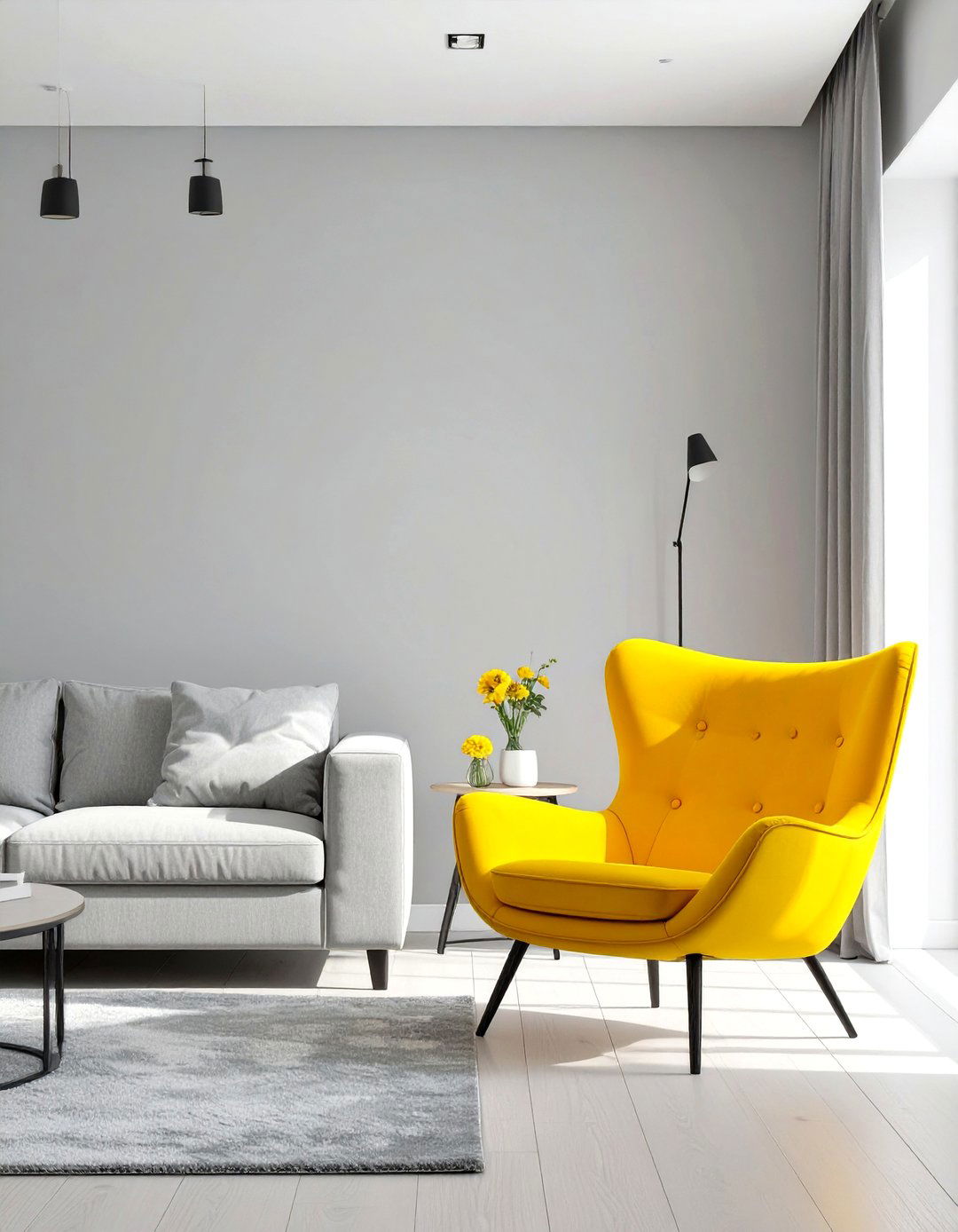 The Minimalist Grey Living Room with a Pop of Colour - 30 cosy grey living room ideas