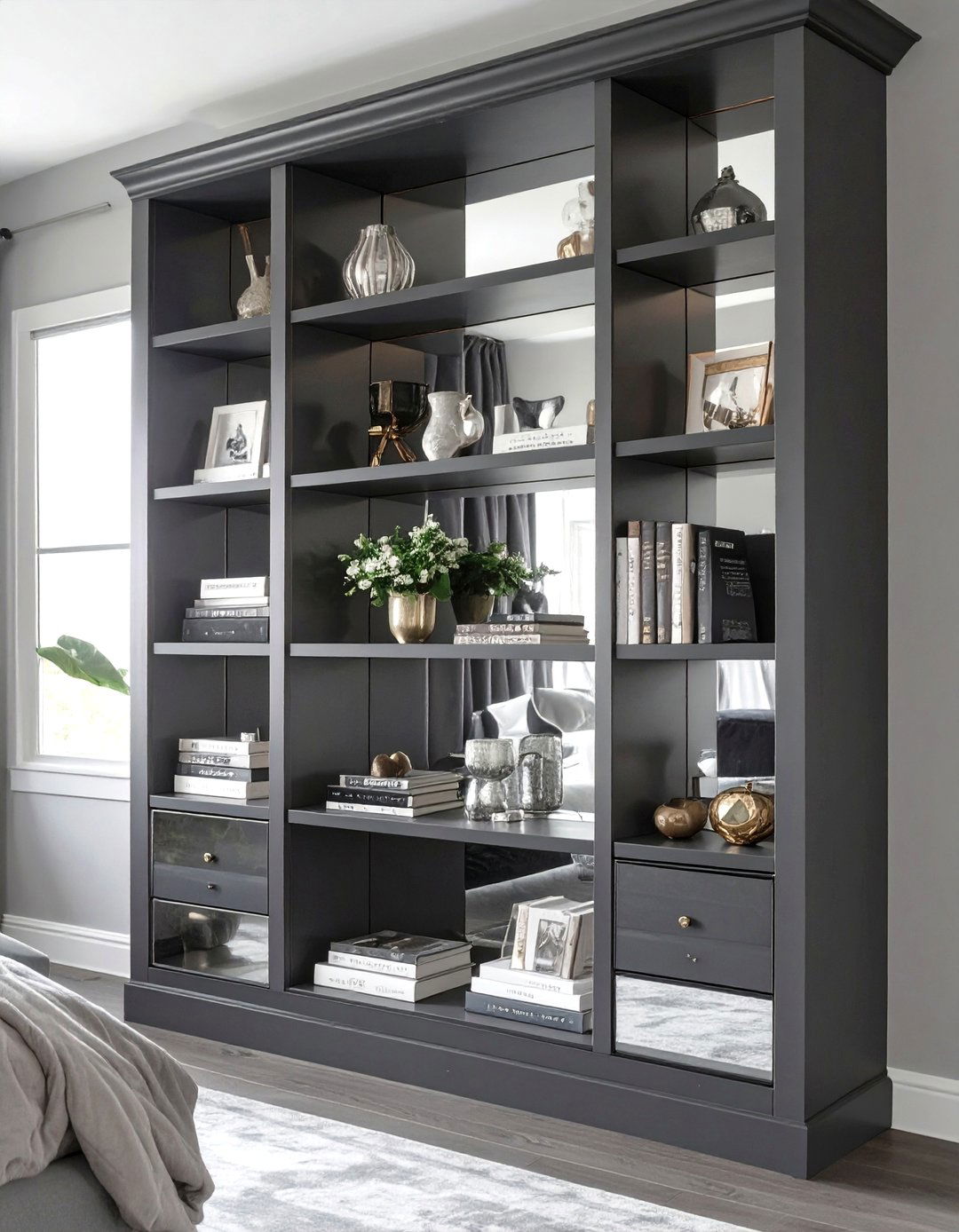 The Mirrored Back Panel Bedroom Bookshelf - 30 bedroom bookshelf ideas