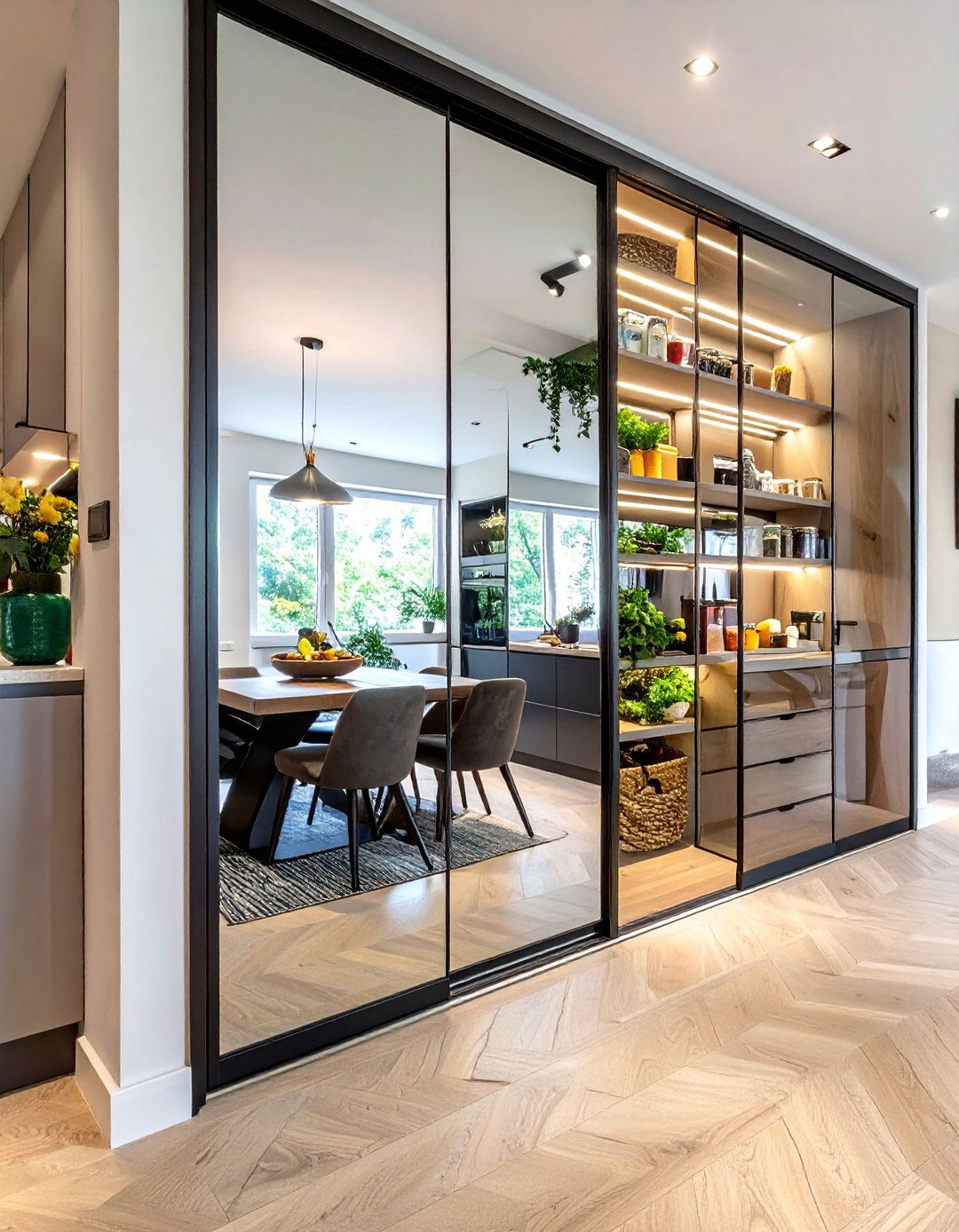 The Mirrored Door Pantry Illusion - 30 hidden small walk in pantry ideas