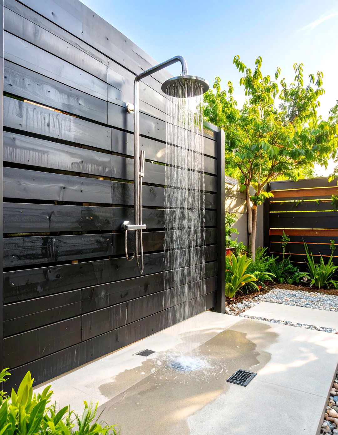 The Modern Black Slat Wall - 30 backyard outdoor shower ideas