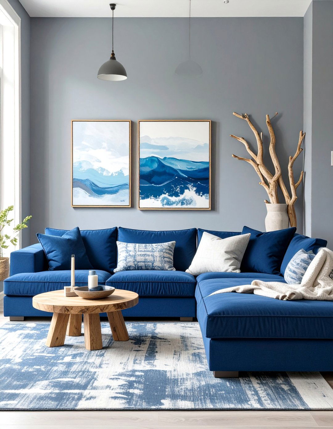 The Modern Coastal Deep Sea Blue and Fog Grey Living Room - 30 blue and grey living room ideas