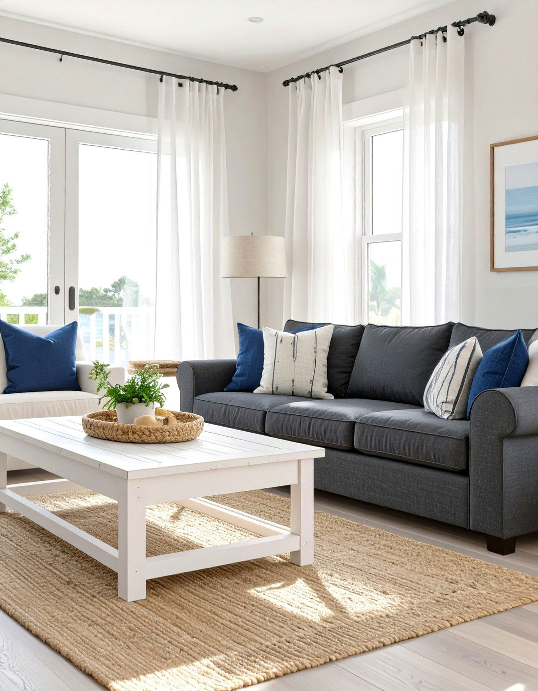 The Modern Coastal Living Room - 30 dark gray couch living room ideas