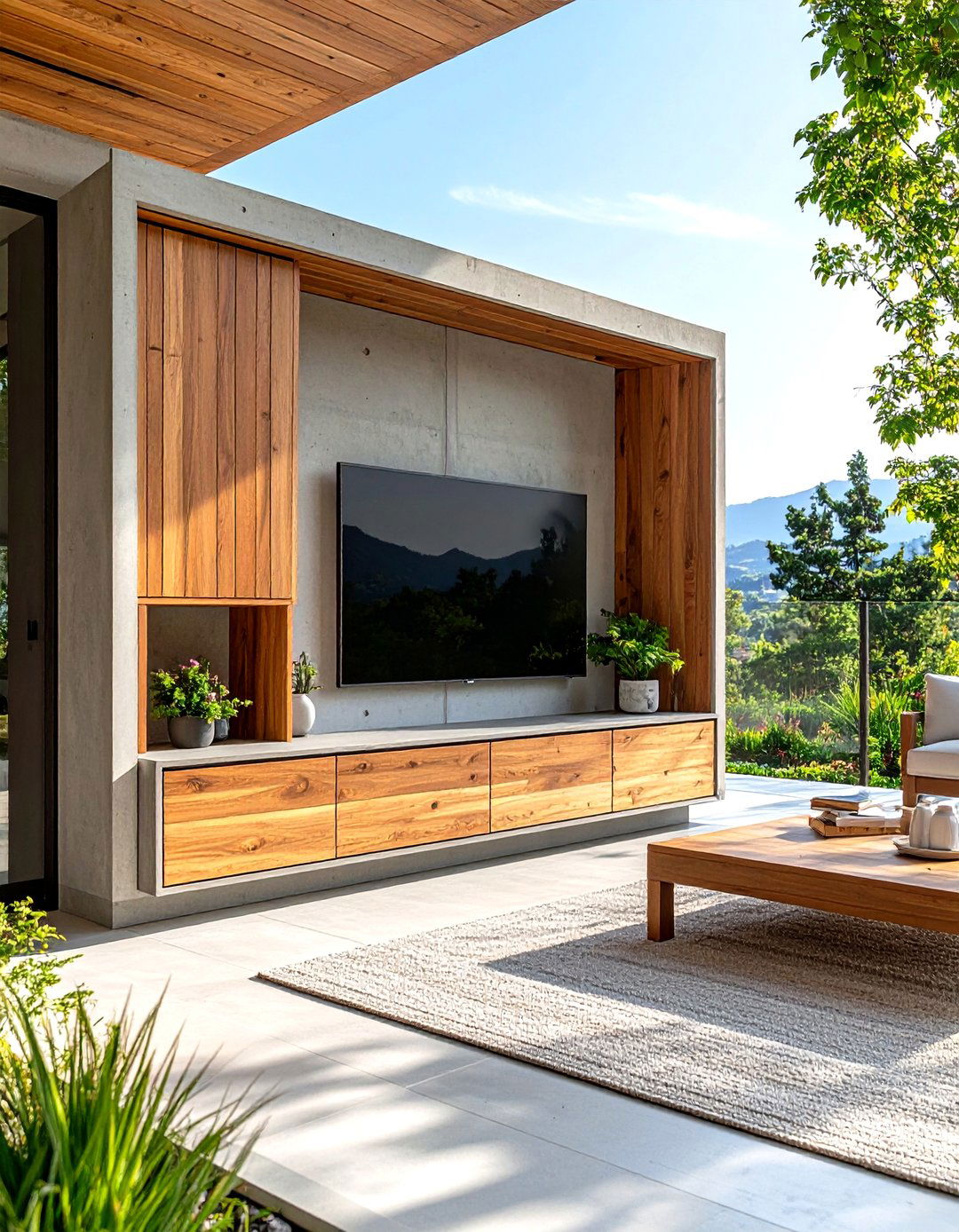 The Modern Concrete and Wood Cabinet - 30 diy outdoor tv ideas