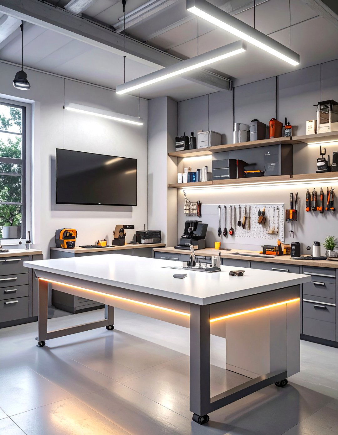The Modern Tech Integrated Garage Workbench - 30 garage work bench ideas
