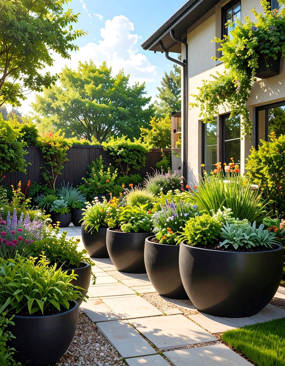 The Monochromatic Container Garden - 30 modern backyard ideas on a budget