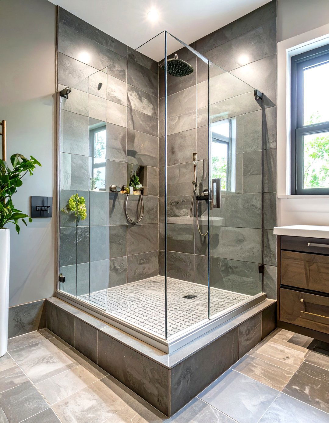 The Monochromatic Gray Curbless Shower - 30 curbless shower ideas