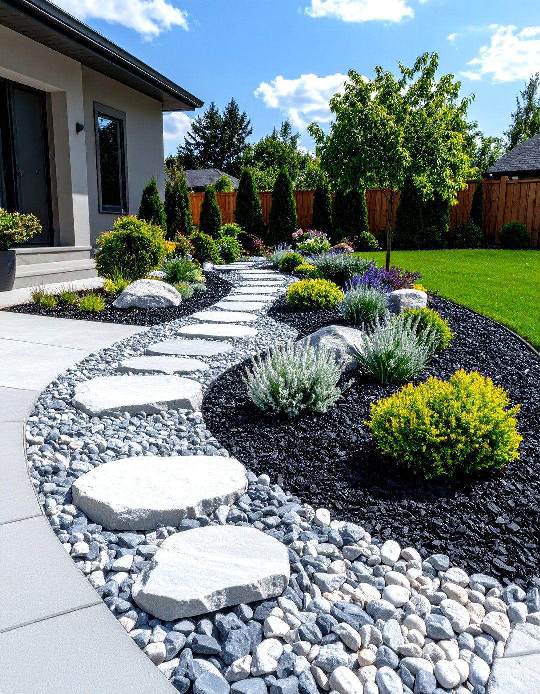 The Monochromatic Gray Scale Design - 30 front yard landscaping ideas with rocks and mulch