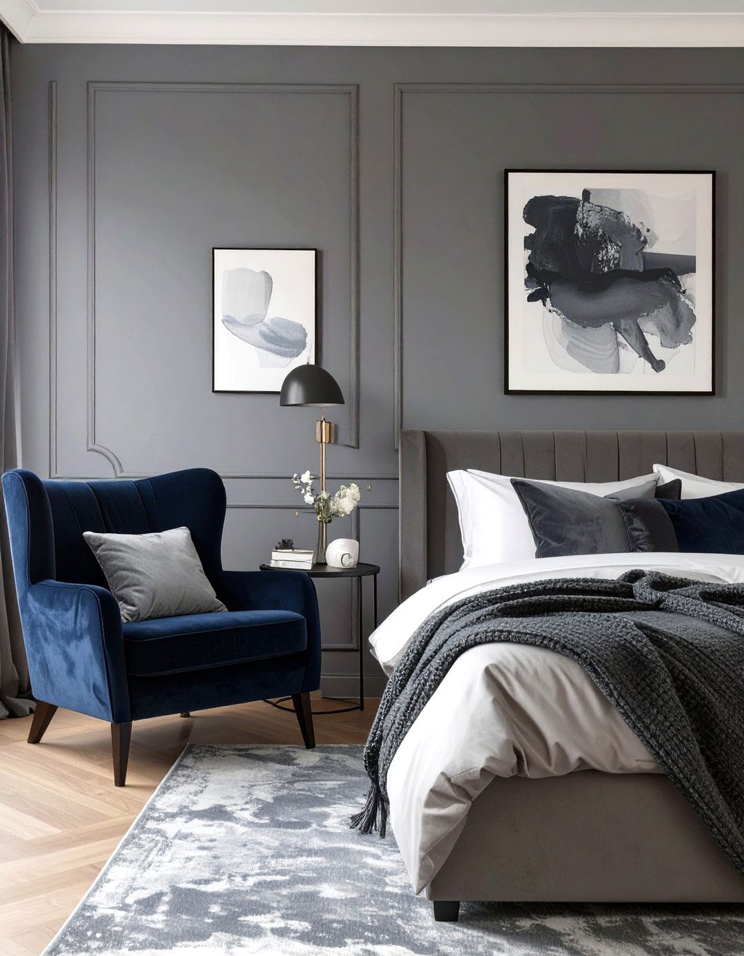 The Monochromatic Grey Bedroom with Navy Accents - 30 navy blue and grey bedroom ideas