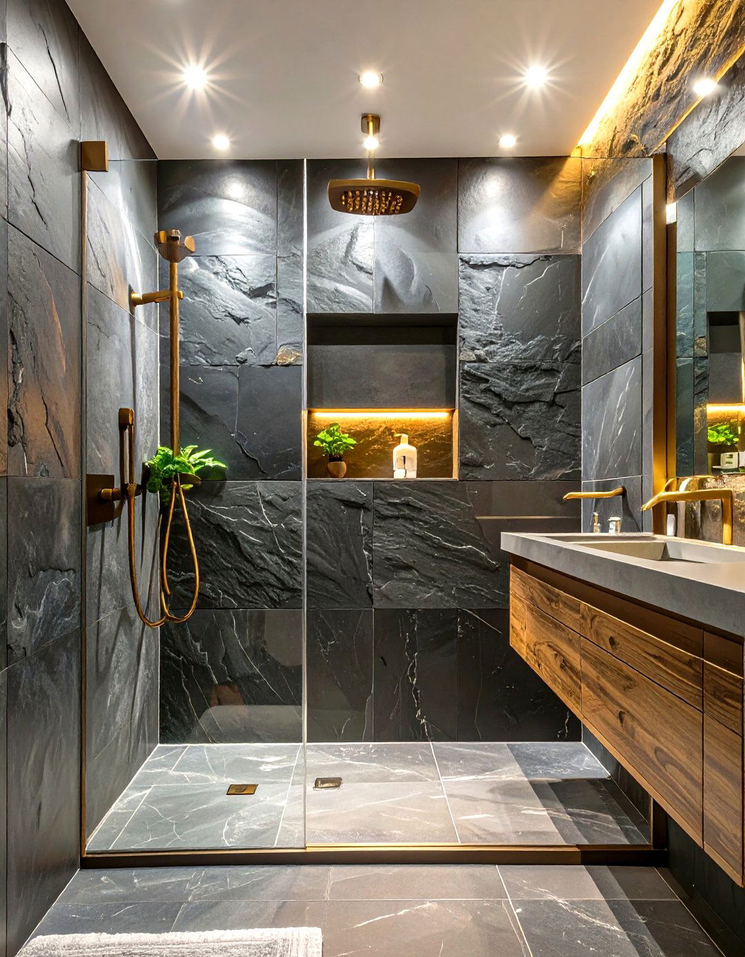 The Moody and Atmospheric Slate Wall - 30 doorless walk-in shower ideas