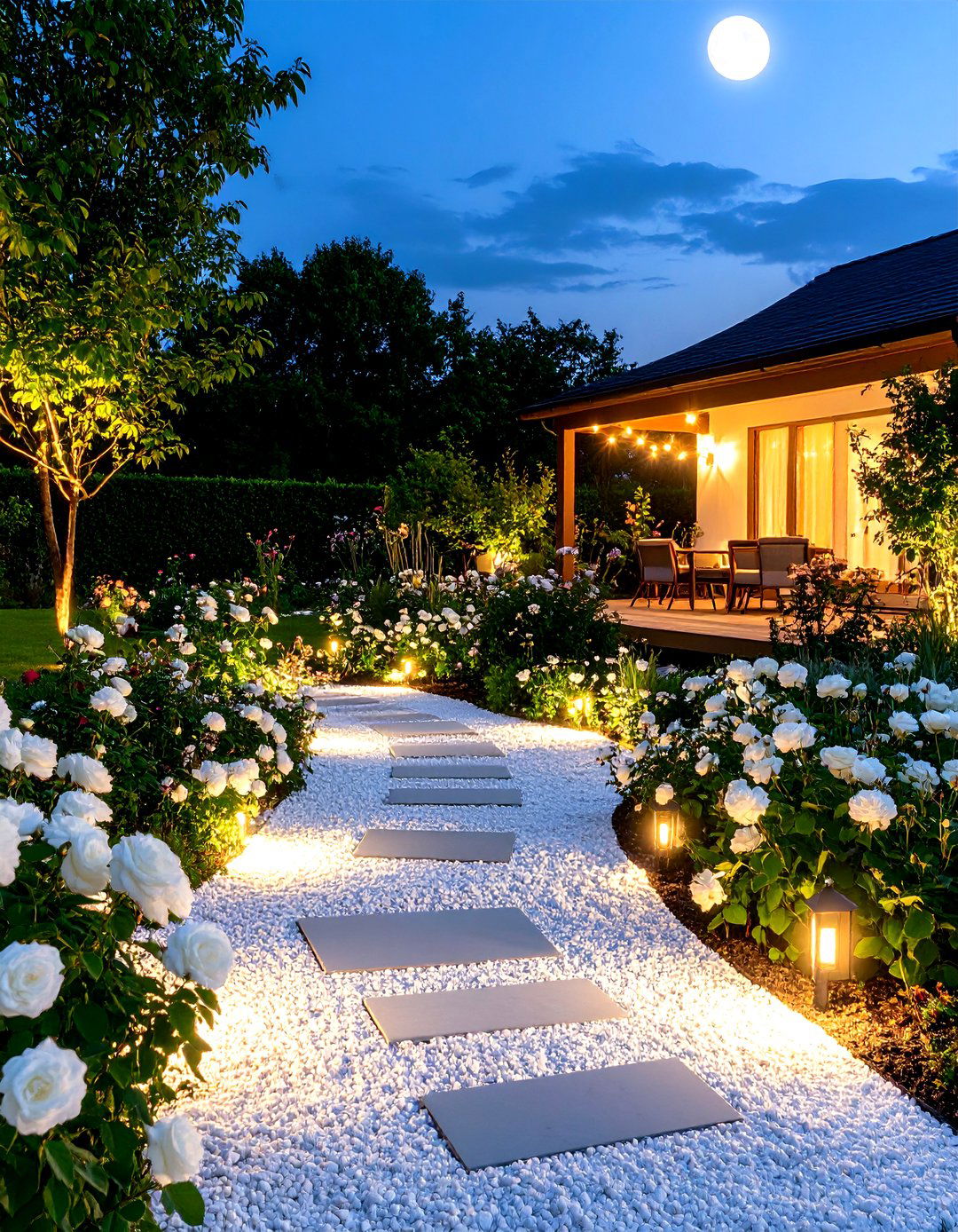 The Moonlight Garden with White Gravel - 30 gravel backyard ideas