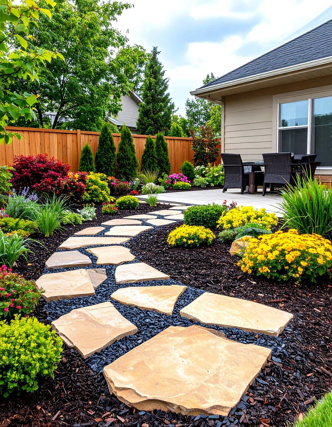 The Mulch and Flagstone Patio Extension - 30 front yard landscaping ideas with rocks and mulch