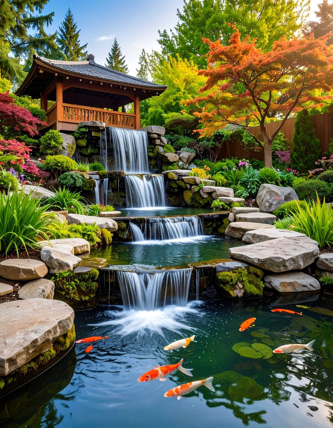The Multi Tiered Waterfall Pond - 30 backyard koi pond ideas