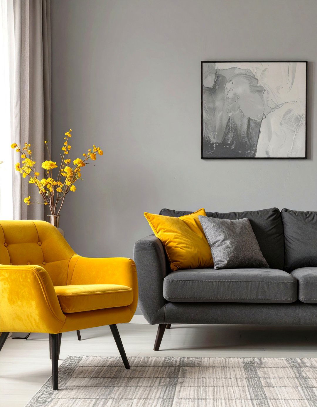 The Mustard Yellow and Gray Living Room - 30 dark gray couch living room ideas