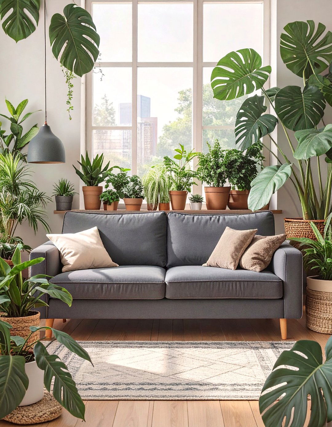 The Natural Greenery Living Room - 30 dark gray couch living room ideas