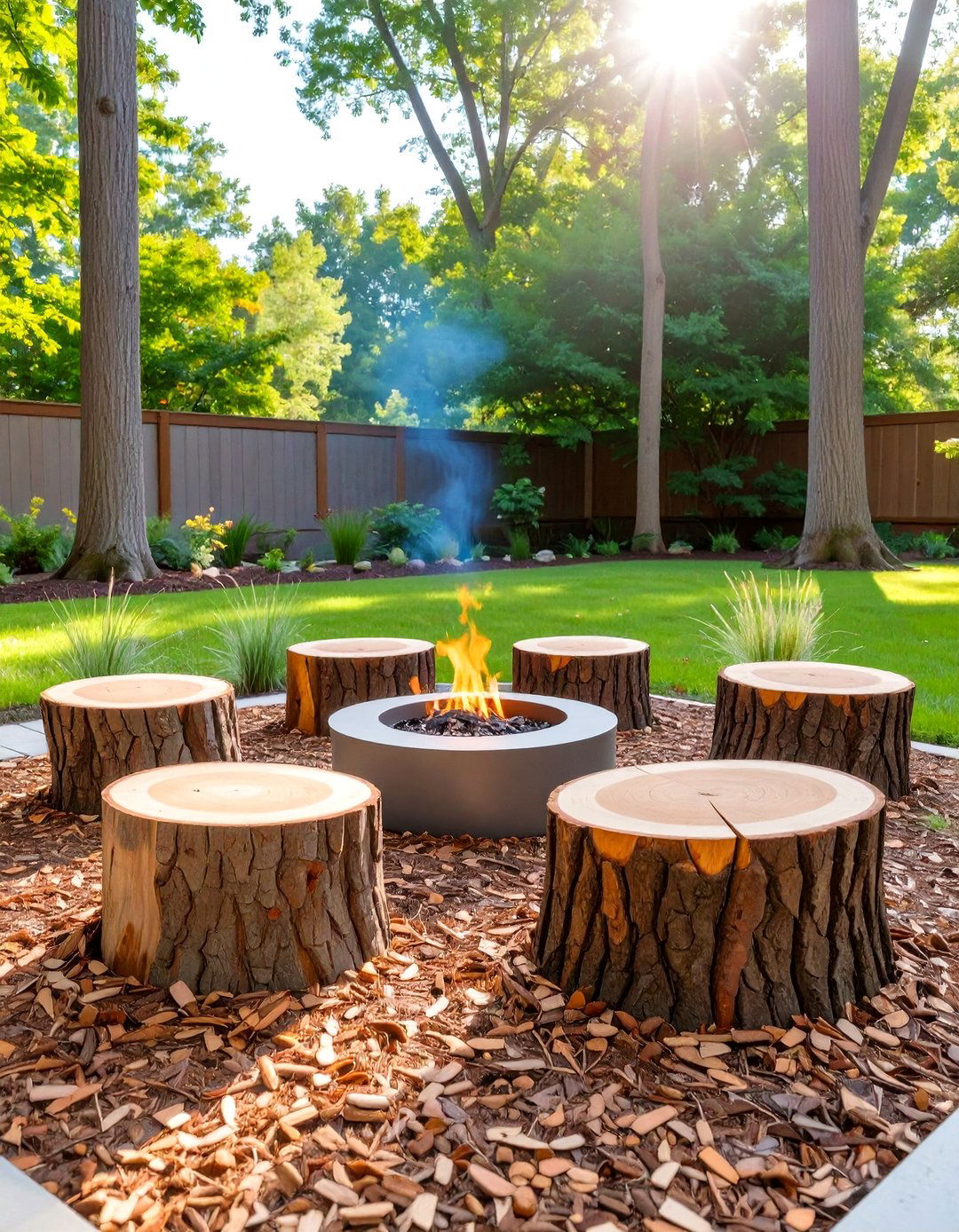 The Natural Mulch and Log Seating Circle - 30 backyard patio ideas on a budget