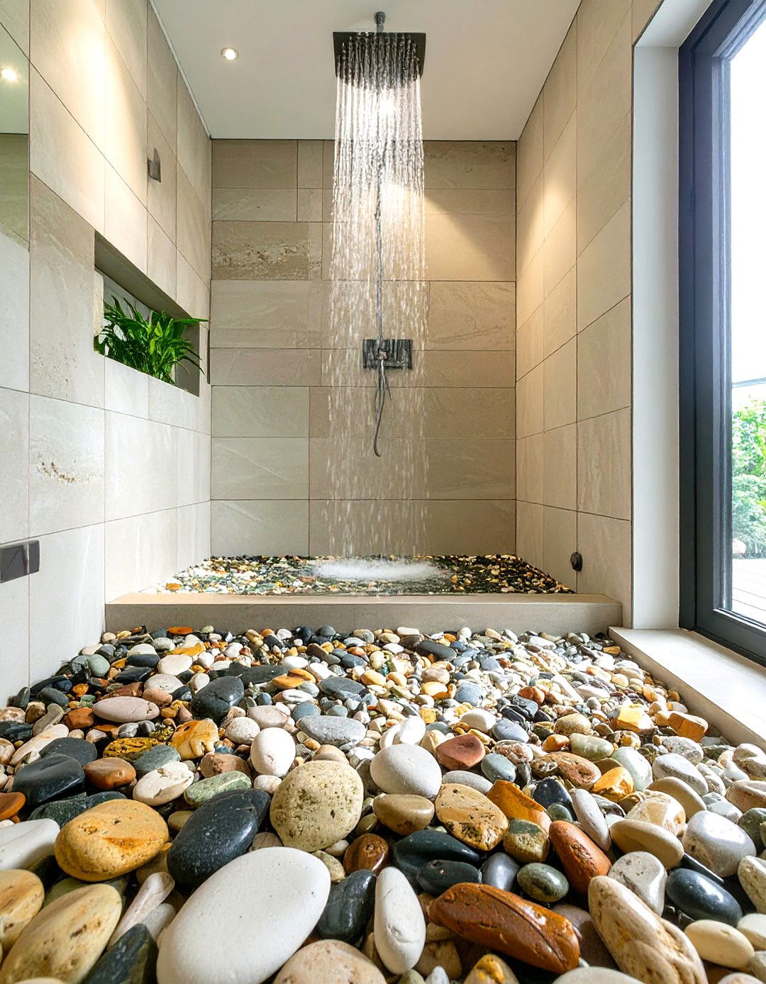 The Natural Pebble Floor Curbless Shower - 30 curbless shower ideas