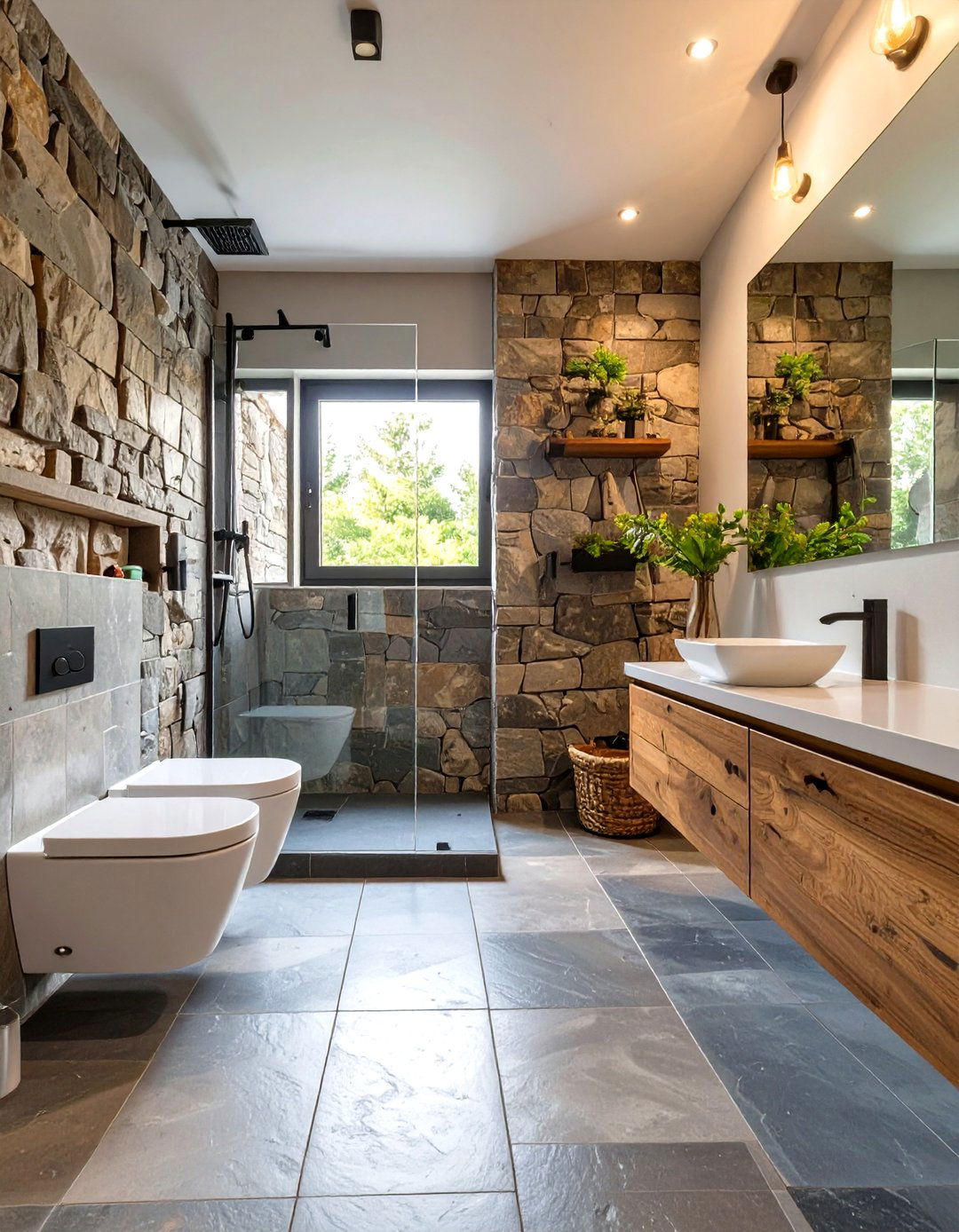 The Natural Stone Accent Wall Bathroom - 30 farmhouse rustic bathroom ideas