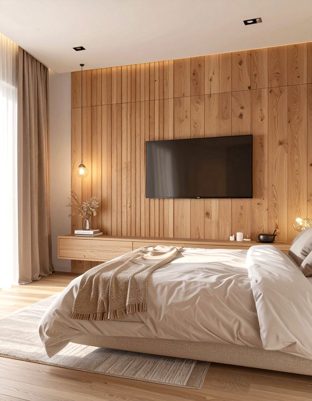 The Natural Wood Slat Wall Bedroom - 30 broom tv ideas