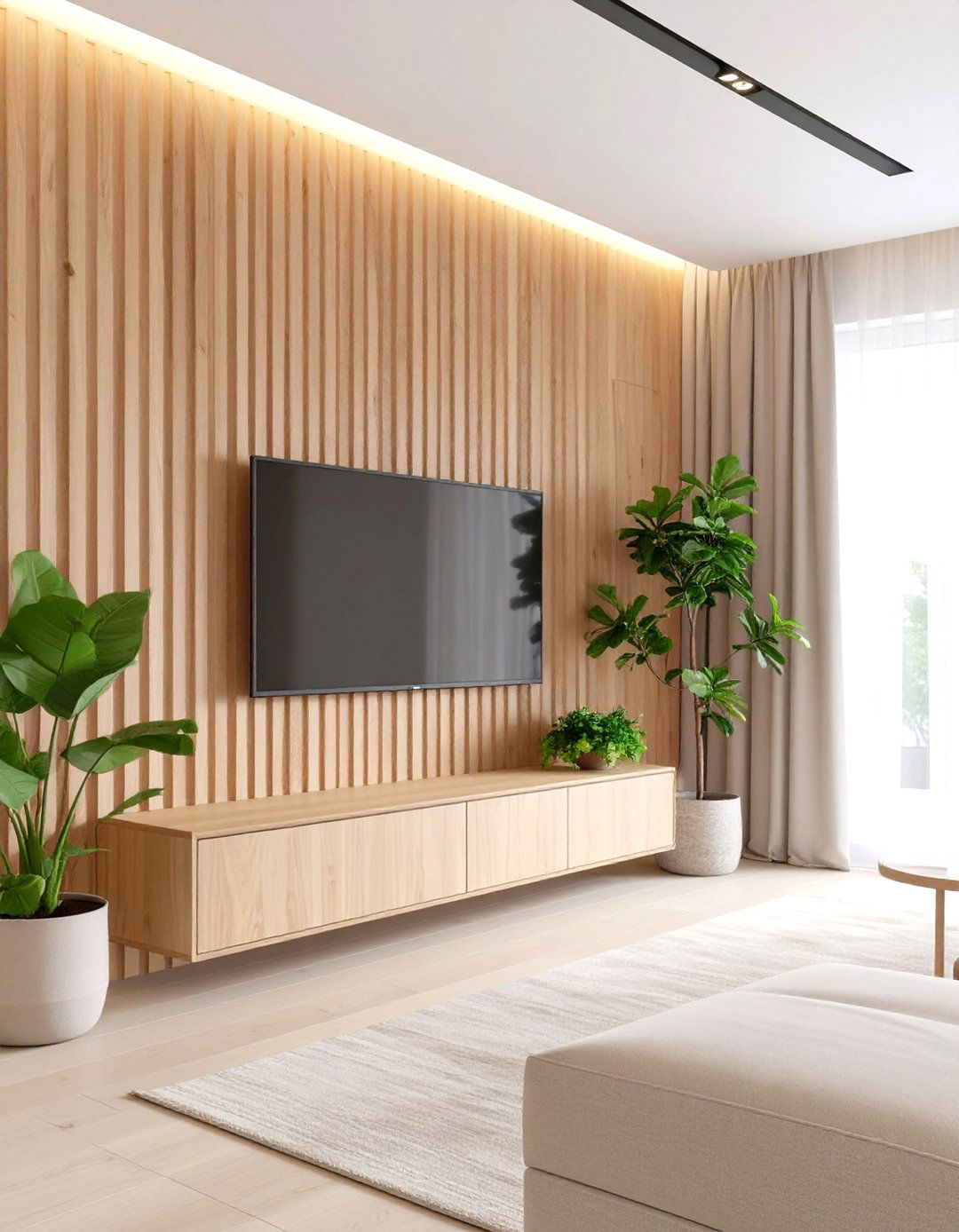 The Natural Wood Slat Wall Living Room - 30 modern living room ideas with tv
