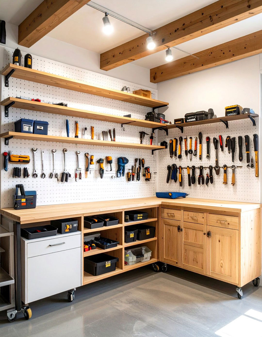 The Natural Wood and Pegboard Combination - 30 garage shelf ideas