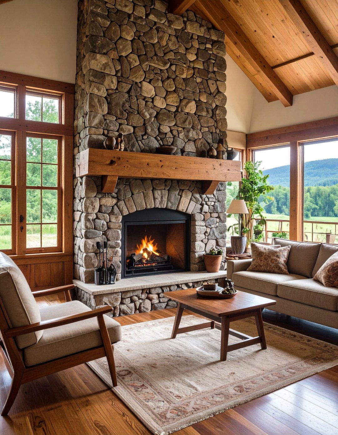 The Natural Wood and Stone Fireplace - 30 70s interior design ideas