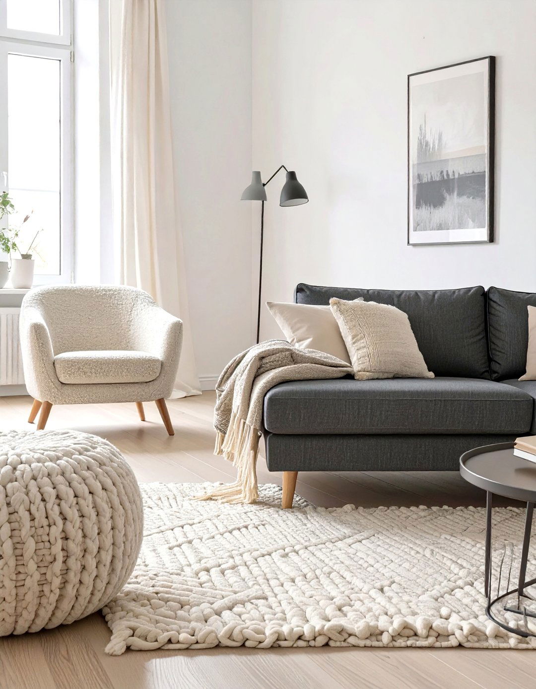 The Neutral and Textured Living Room - 30 dark gray couch living room ideas