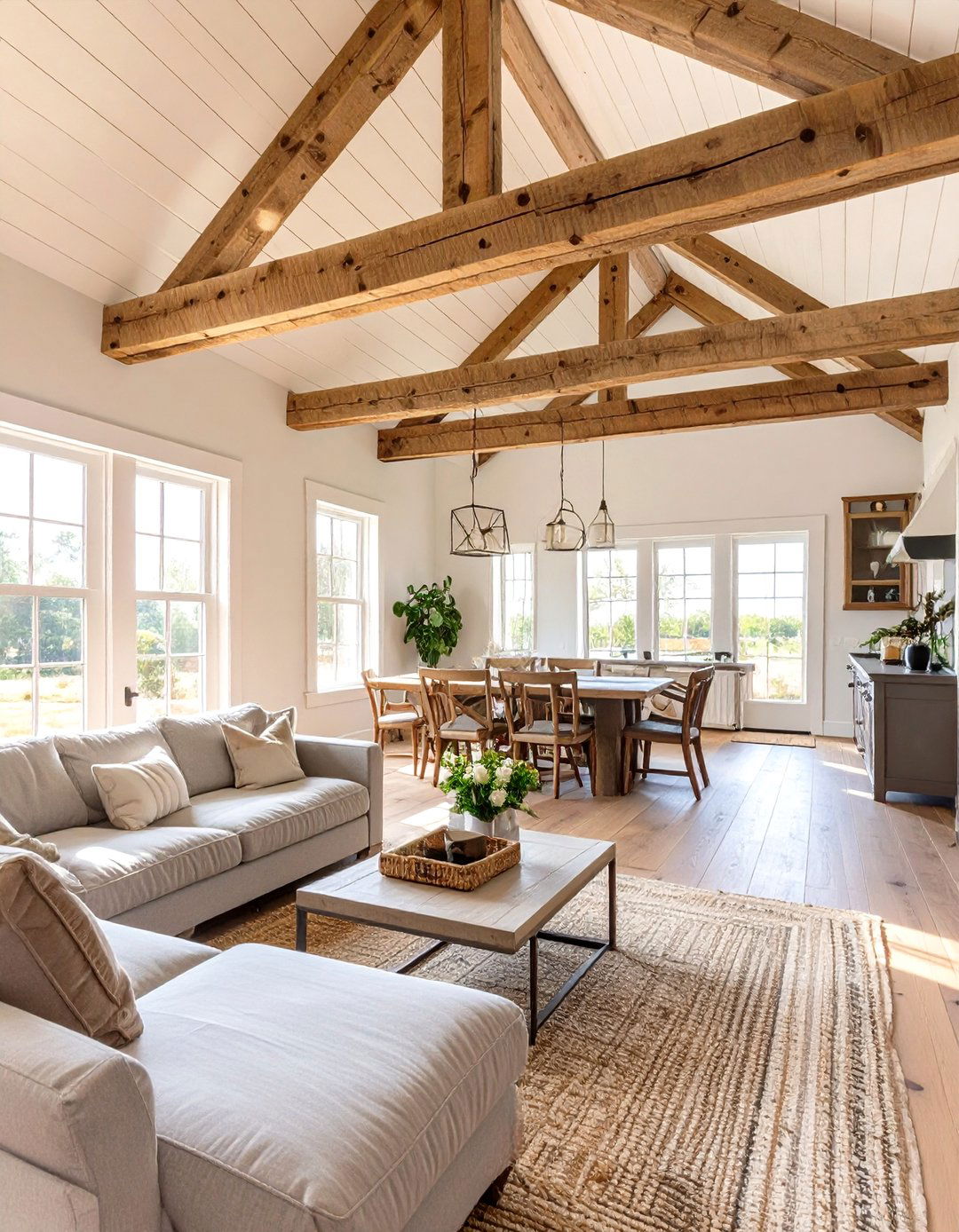The Open Concept Family Room with Exposed Beams - 30 cape cod interior design ideas