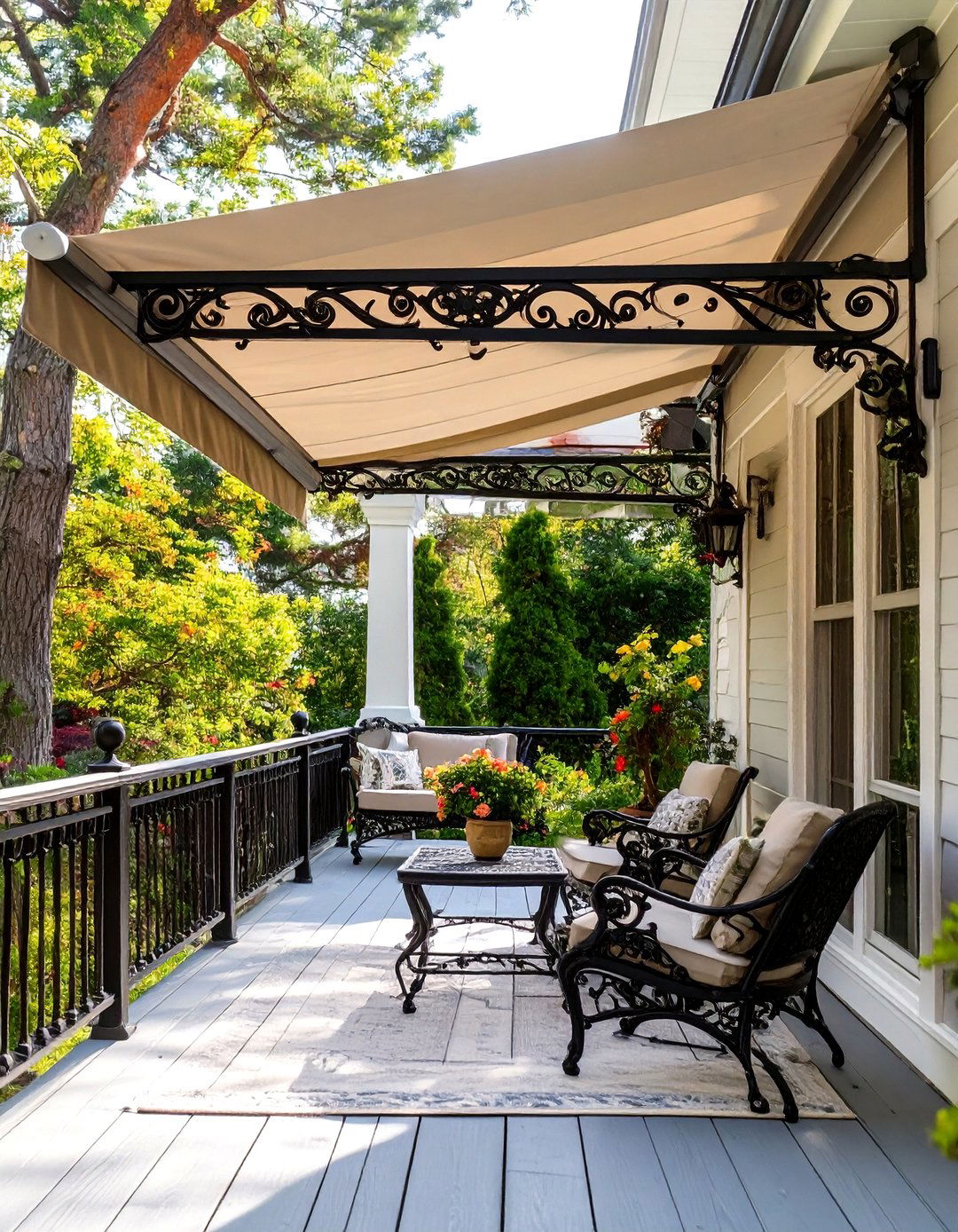 The Ornate Wrought Iron Awning - 30 deck awning ideas