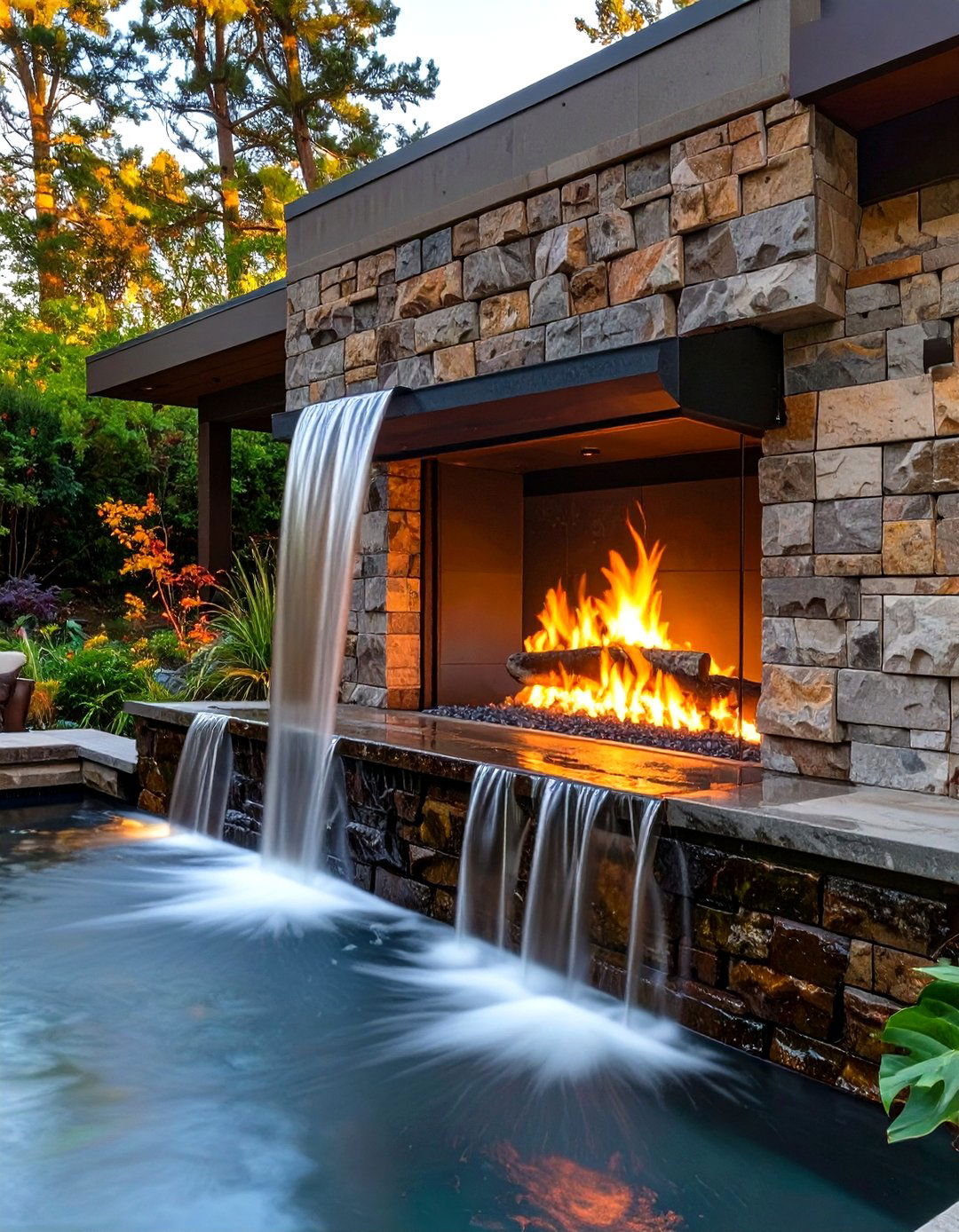 The Outdoor Fireplace with a Waterfall Cascade - 30 modern outdoor fireplace ideas