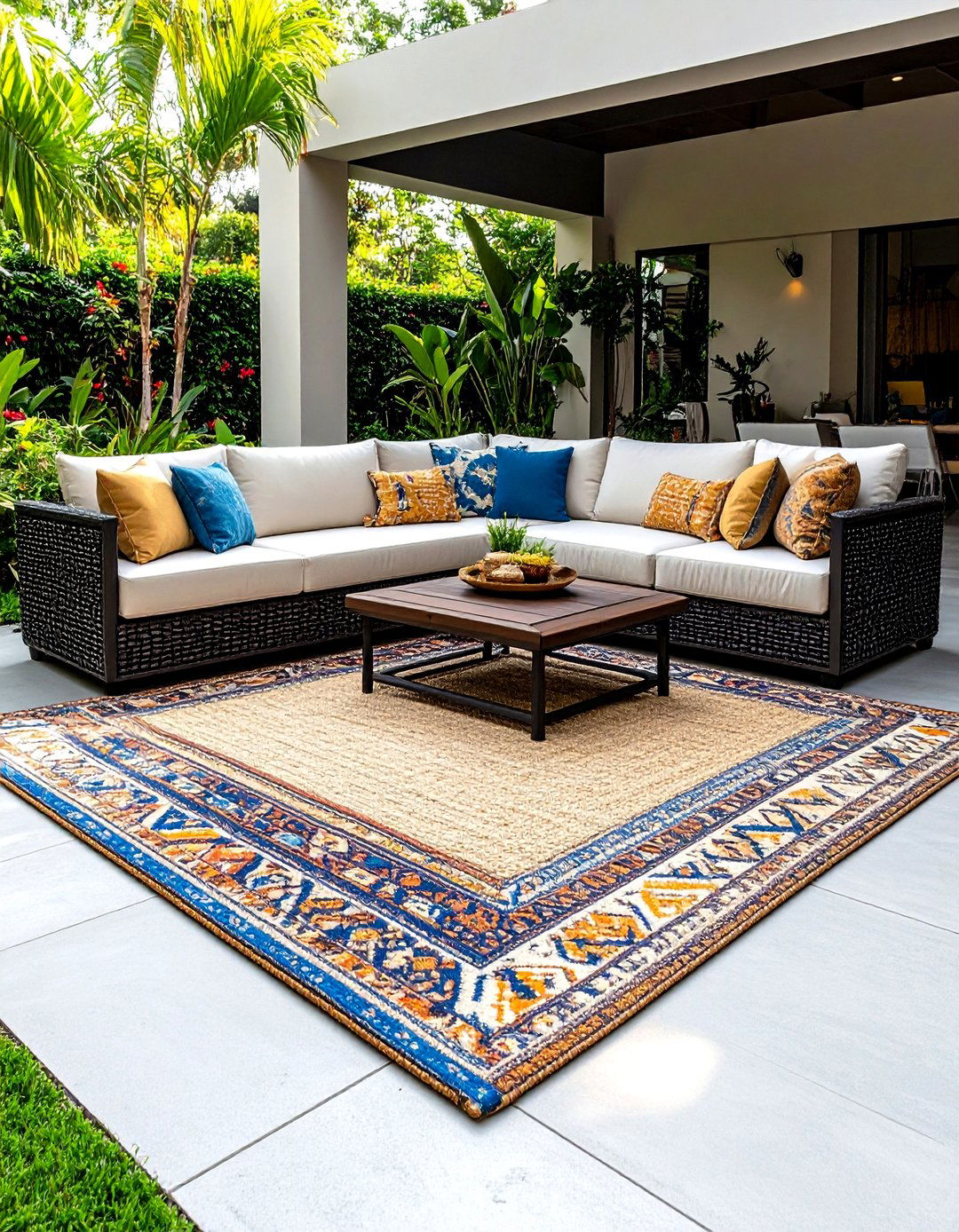 The Outdoor Rug Layered Patio - 30 inexpensive ways to cover concrete patio ideas