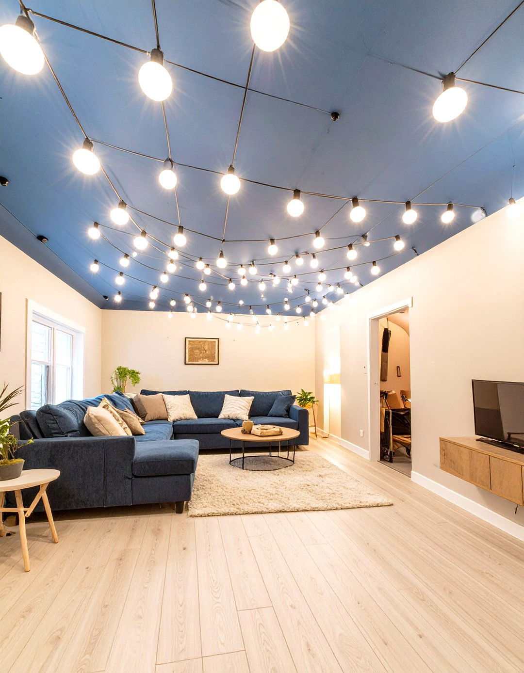 The Painted Open Ceiling with String Lights - 30 cheap basement ceiling ideas