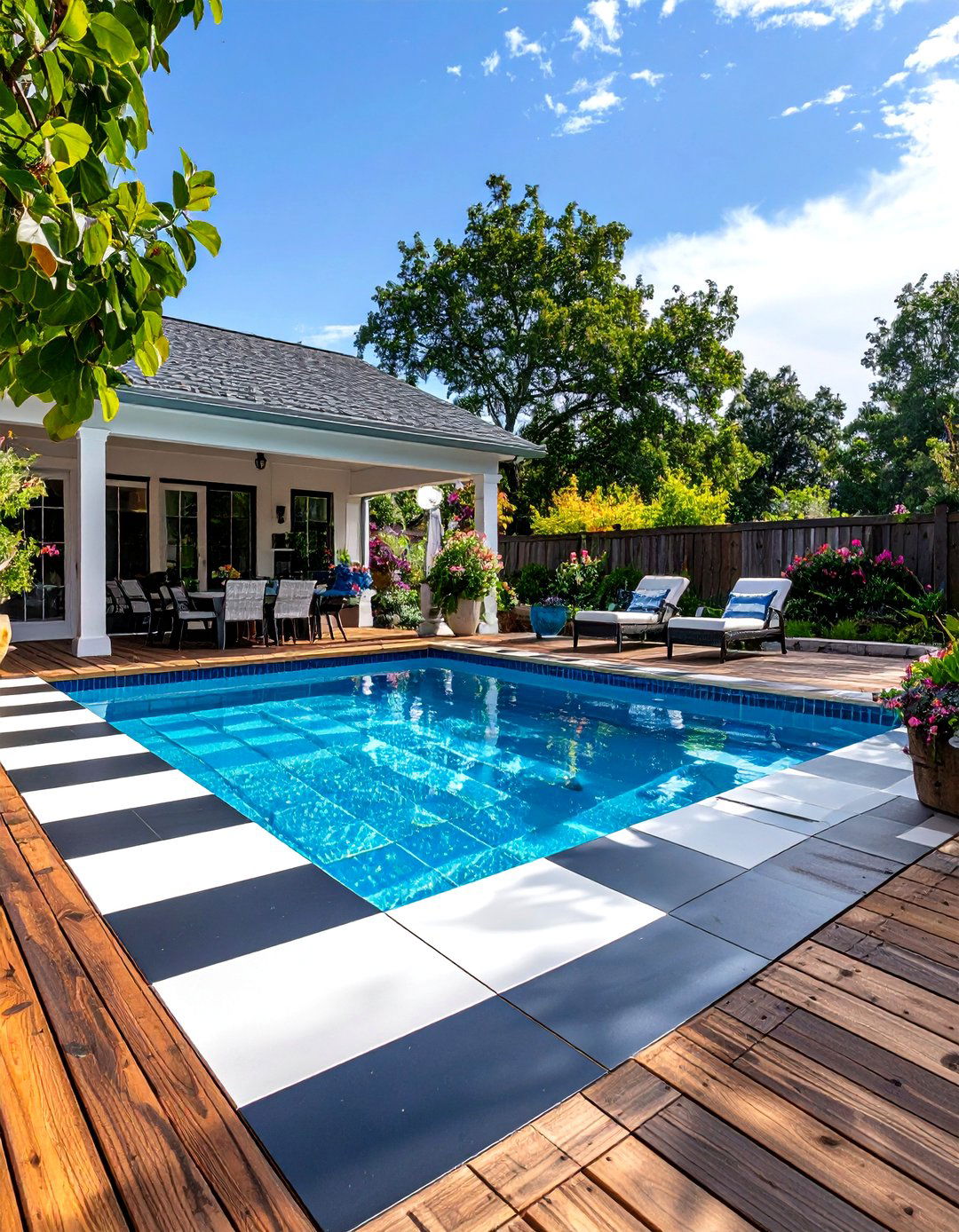 The Painted Pattern Deck - 30 diy above ground pool deck ideas on a budget