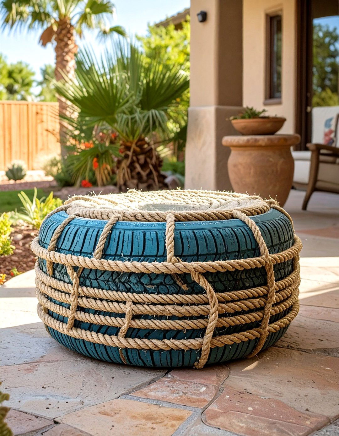 The Painted Tire and Rope Ottoman - 30 arizona backyard ideas on a budget
