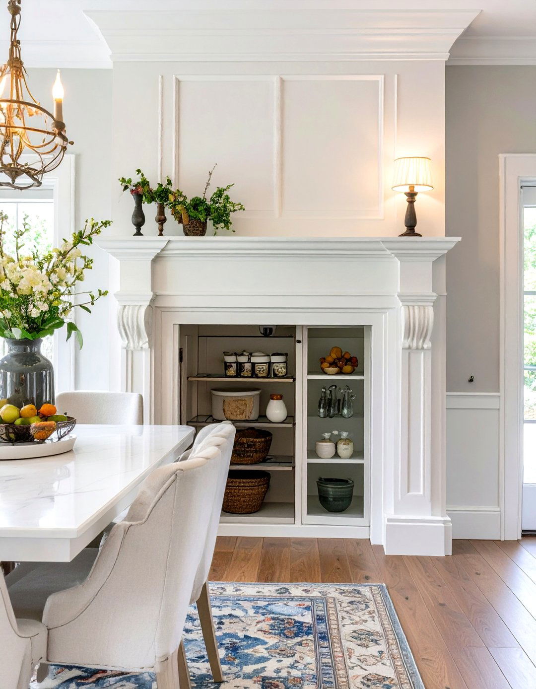 The Pantry Behind a Faux Fireplace - 30 hidden small walk in pantry ideas