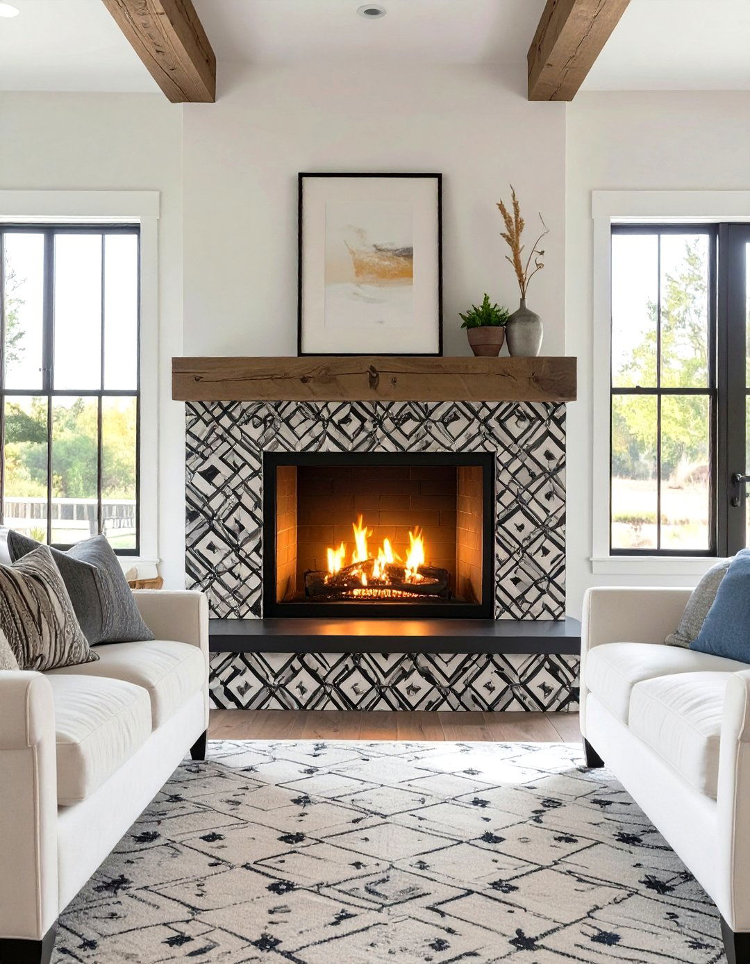 The Patterned Tile Fireplace - 30 modern farmhouse farmhouse living room ideas