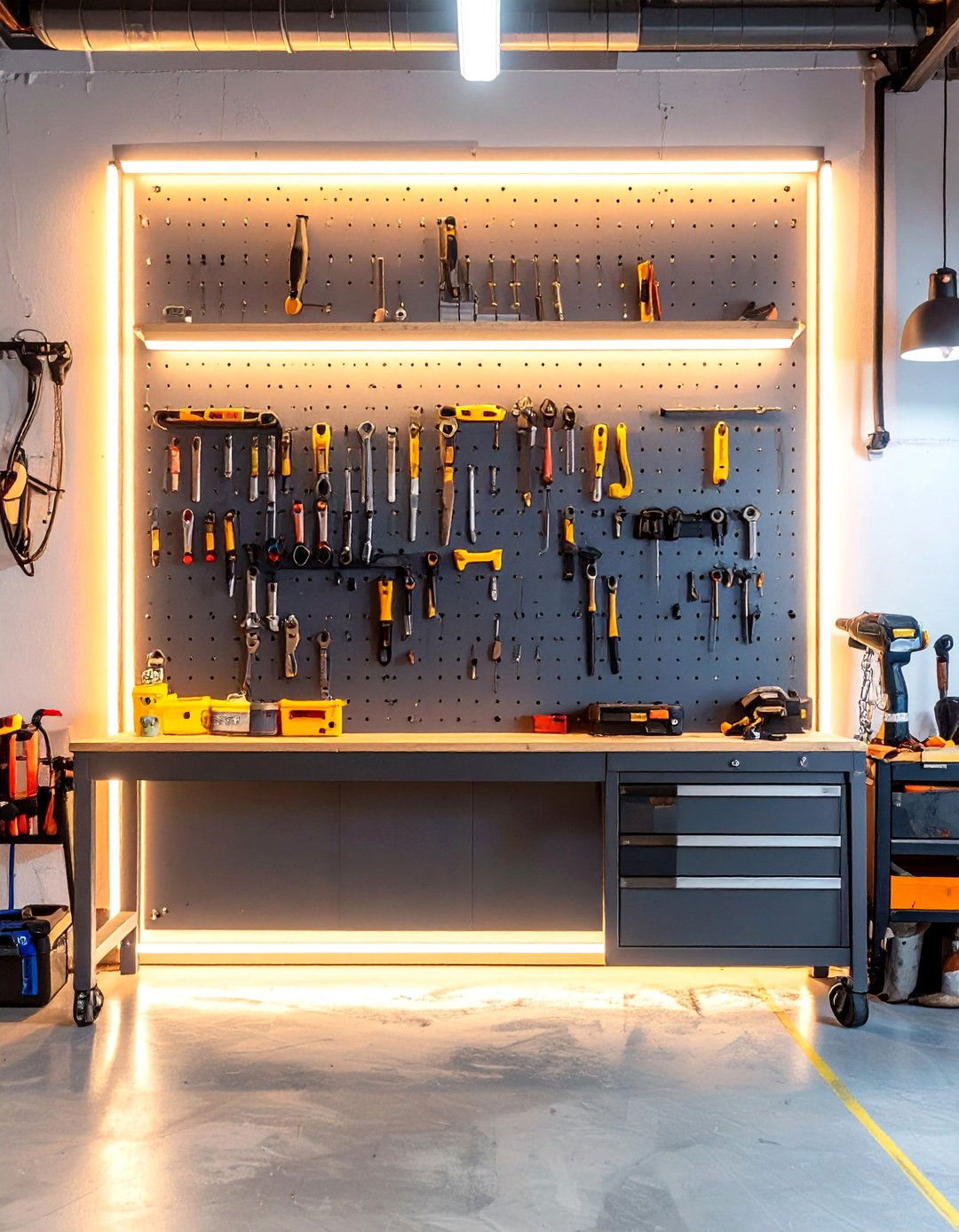 The Pegboard with Integrated Lighting - 30 garage pegboard ideas