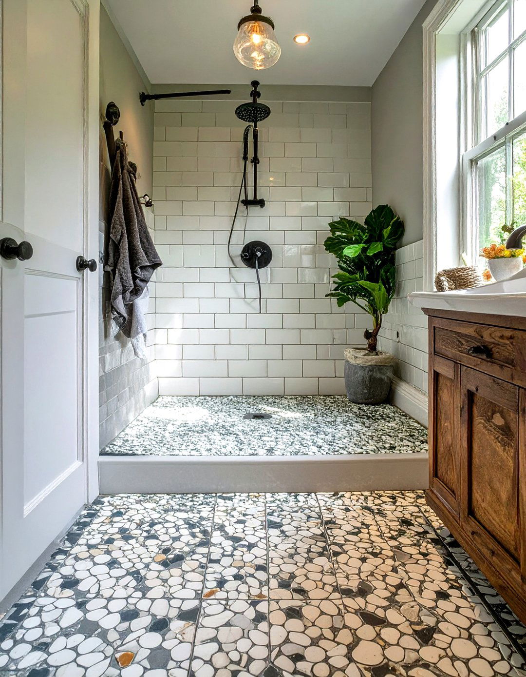 The Penny Tile Floor Curbless Shower - 30 curbless shower ideas