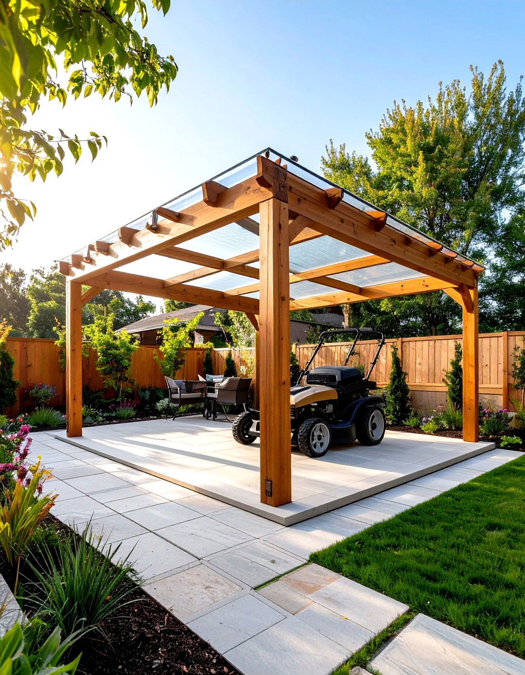 The Pergola with a Protective Cover - 30 lawn mower storage ideas