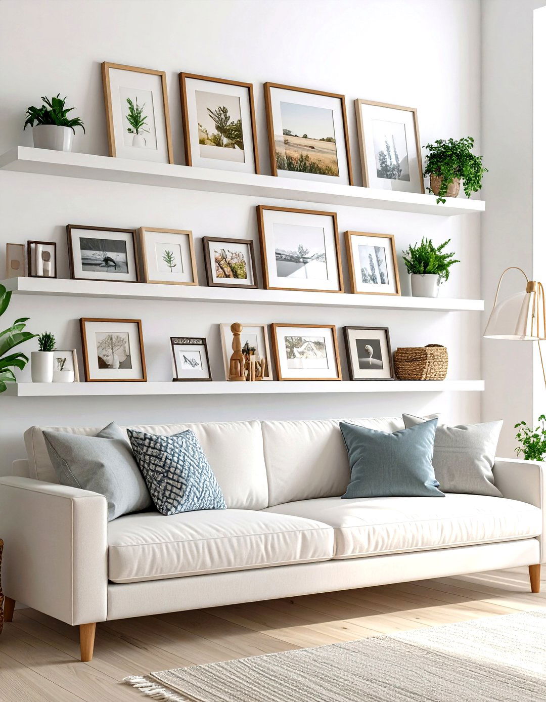 The Photo Ledge with Overlapping Frames - 30 living room photo wall ideas