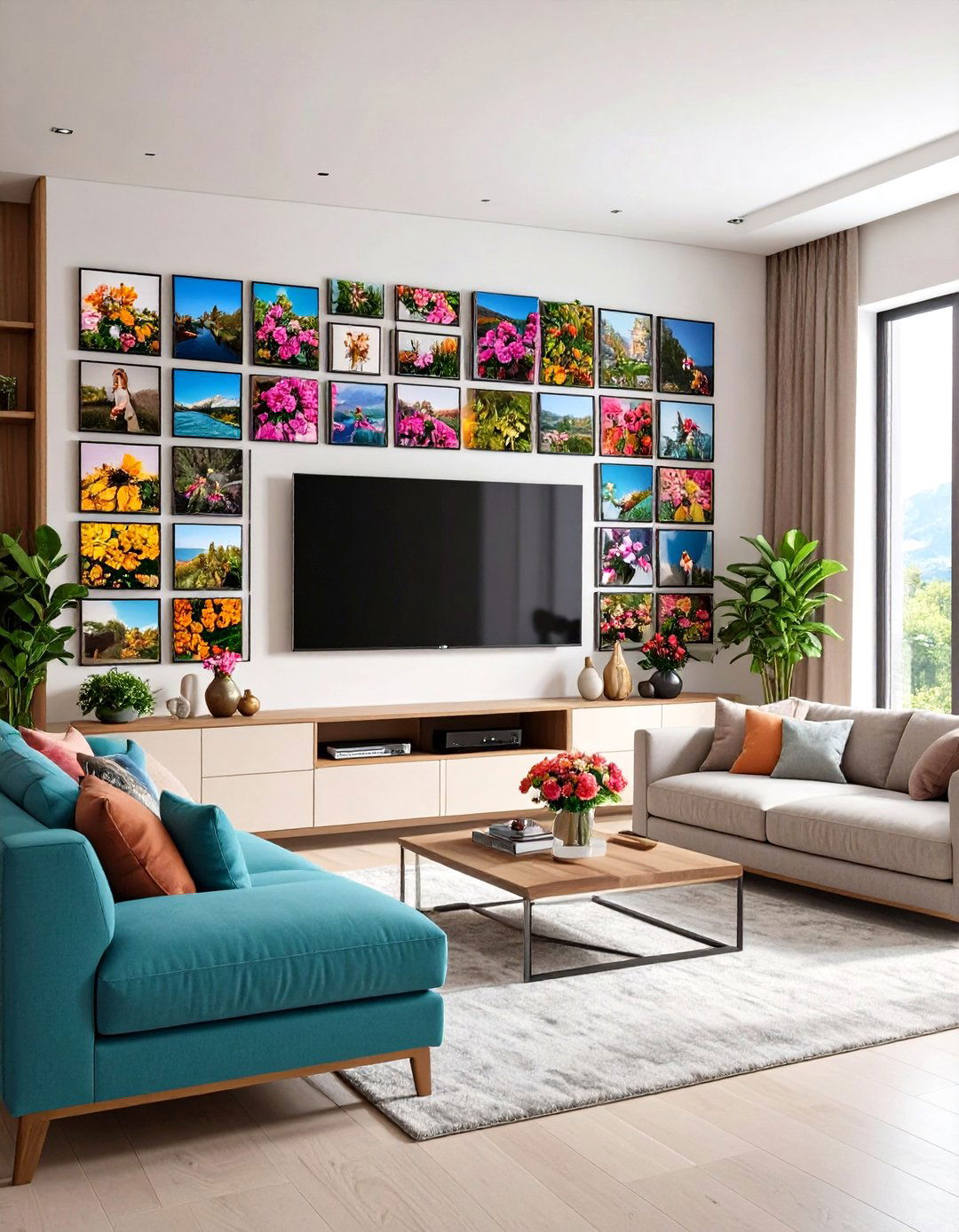 The Photo Wall Above the TV - 30 living room photo wall ideas