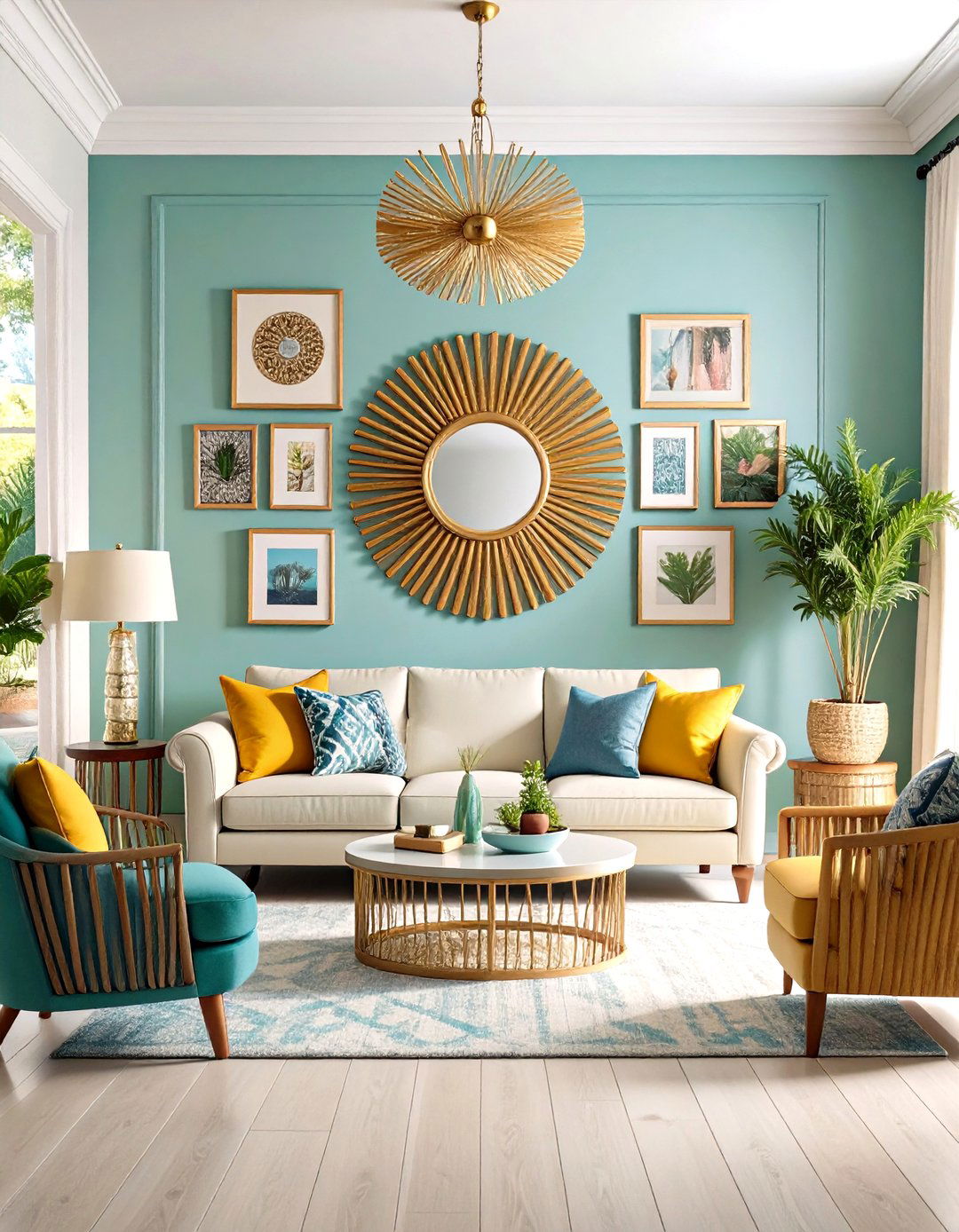 The Photo Wall with a Central Mirror - 30 living room photo wall ideas