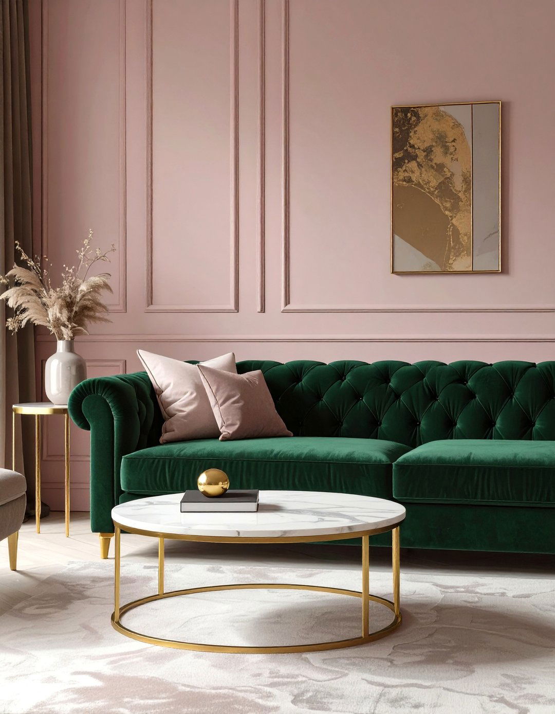 The Pink and Green Living Room - 30 dark green sofa living room ideas