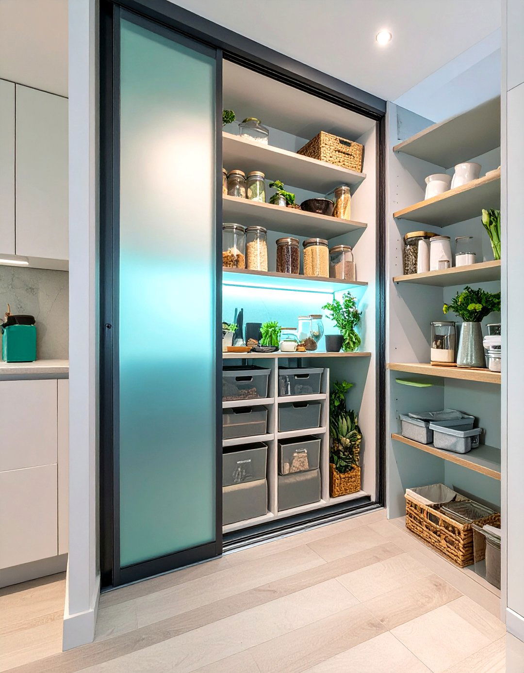 The Pocket Door Pantry Solution - 30 hidden small walk in pantry ideas
