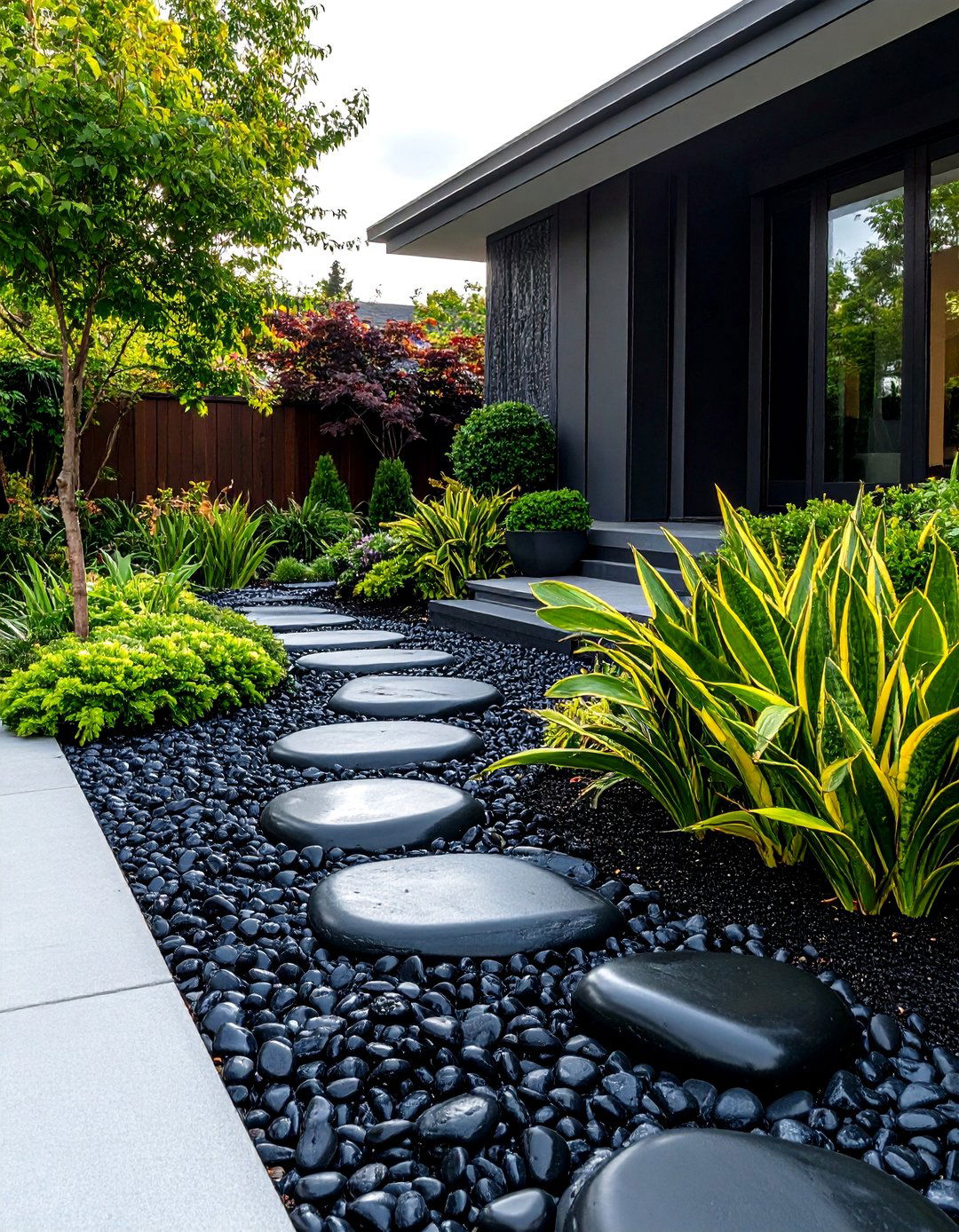 The Polished Black Pebble Garden - 30 front yard landscaping ideas modern rock garden ideas