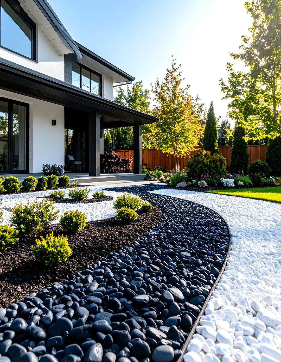 The Polished Black and White Theme - 30 front yard landscaping ideas with rocks and mulch