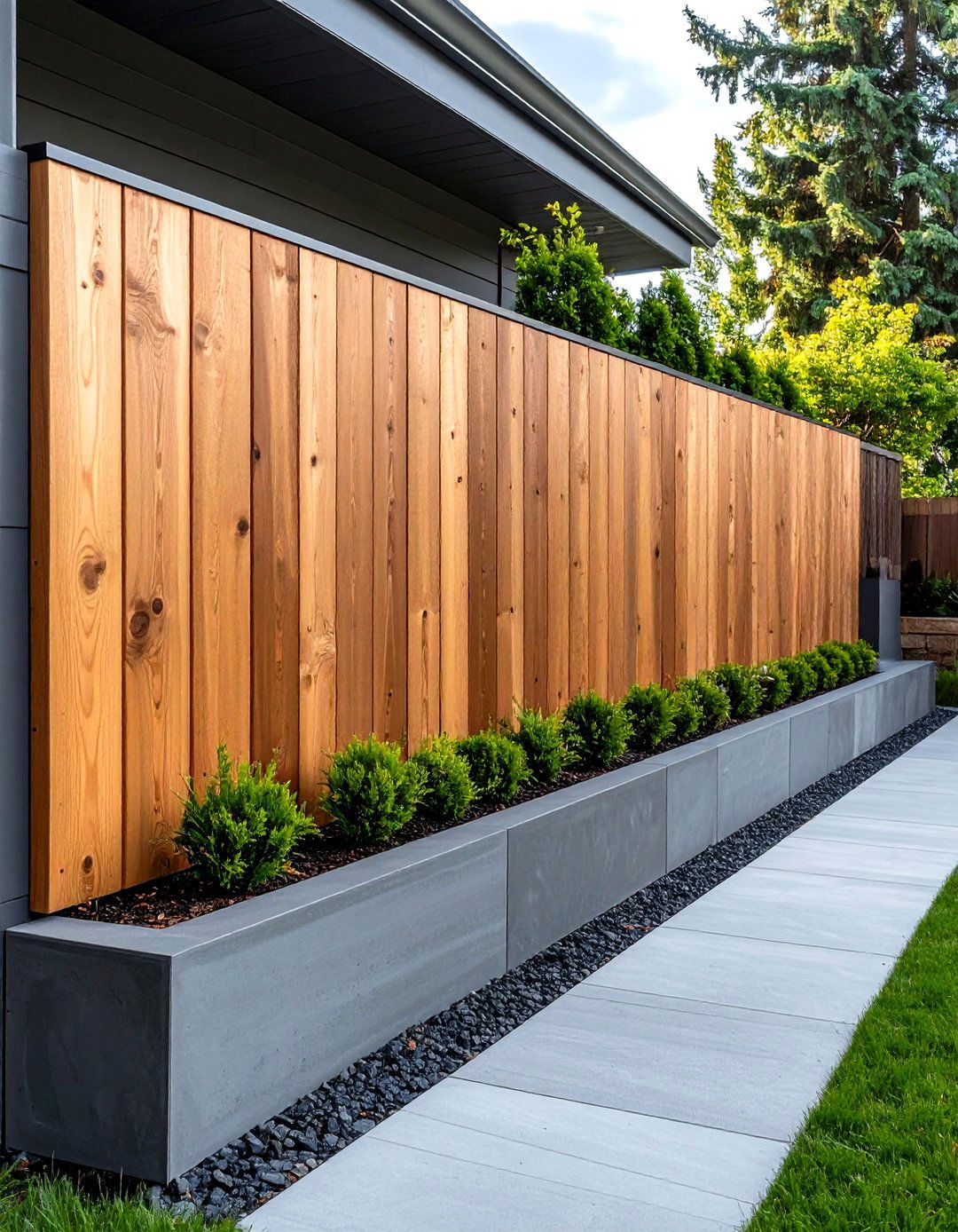 The Polished Concrete and Wood Combination Wall - 30 garden retaining wall ideas