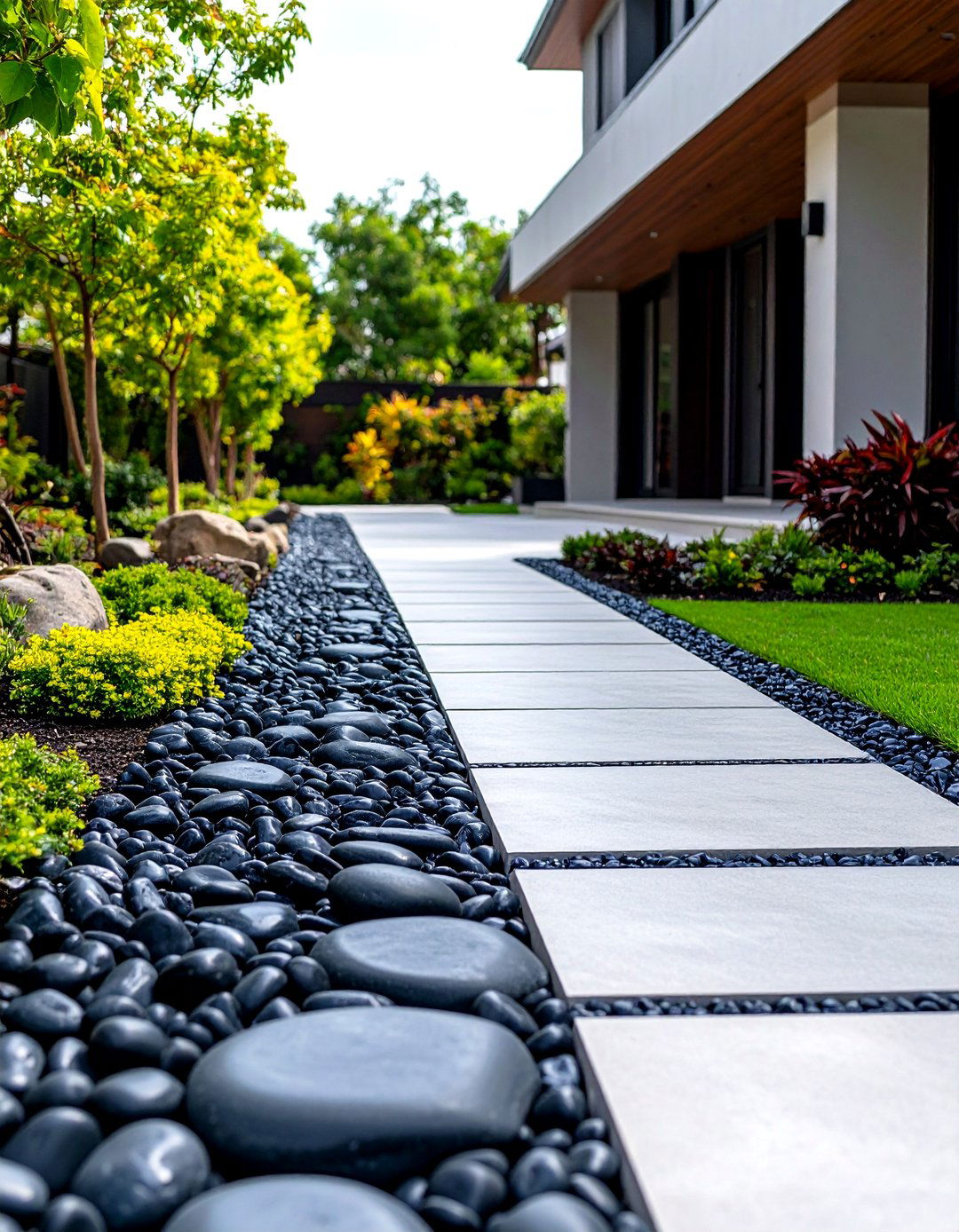 The Polished River Rock Accent Strip - 30 front yard landscaping ideas with rocks