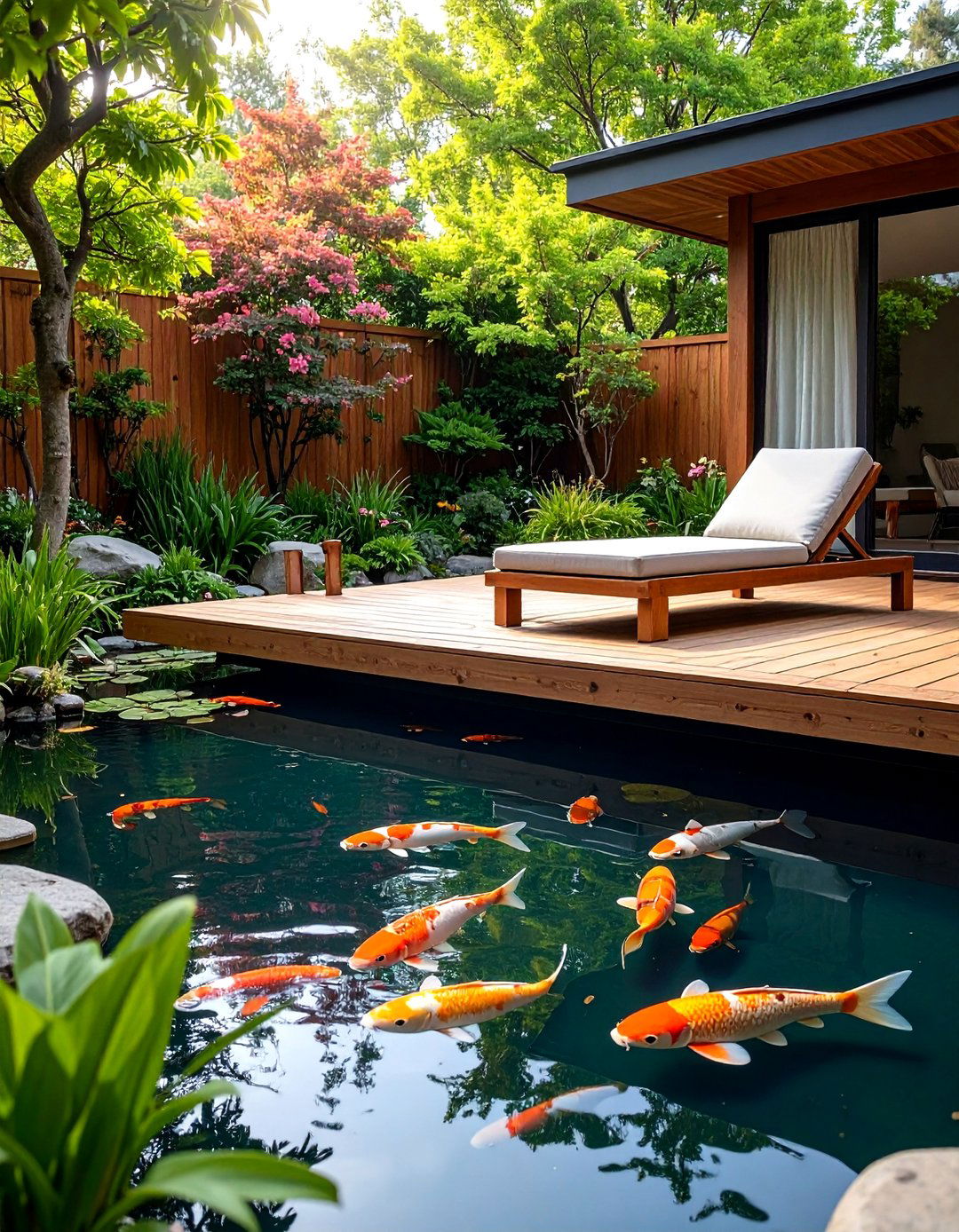 The Pond with a Floating Deck - 30 backyard koi pond ideas