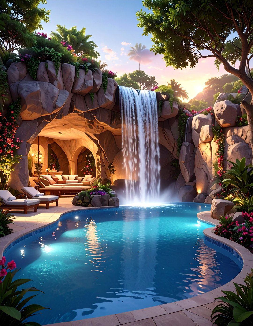 The Poolside Grotto Waterfall - 30 ai waterfall garden ideas